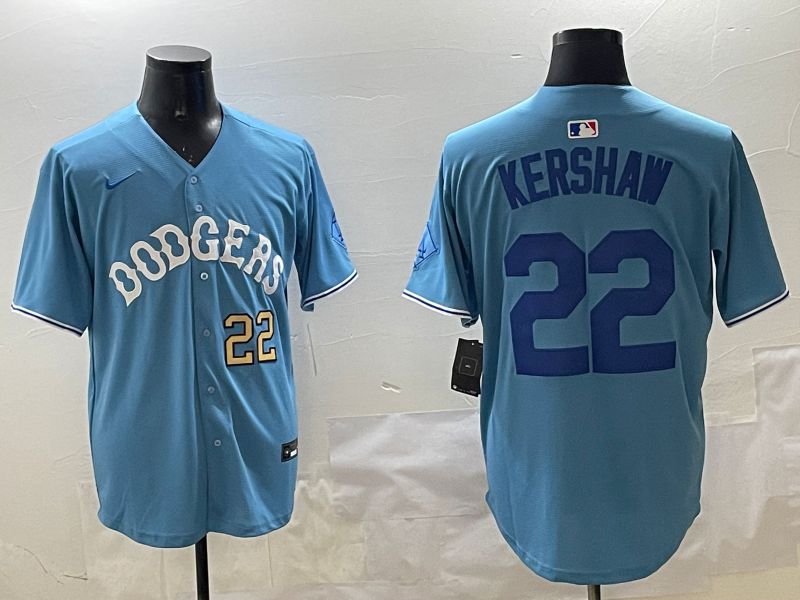 Men Los Angeles Dodgers 22 Kershaw Light Blue Joint Name 2025 Nike MLB Jersey style 22